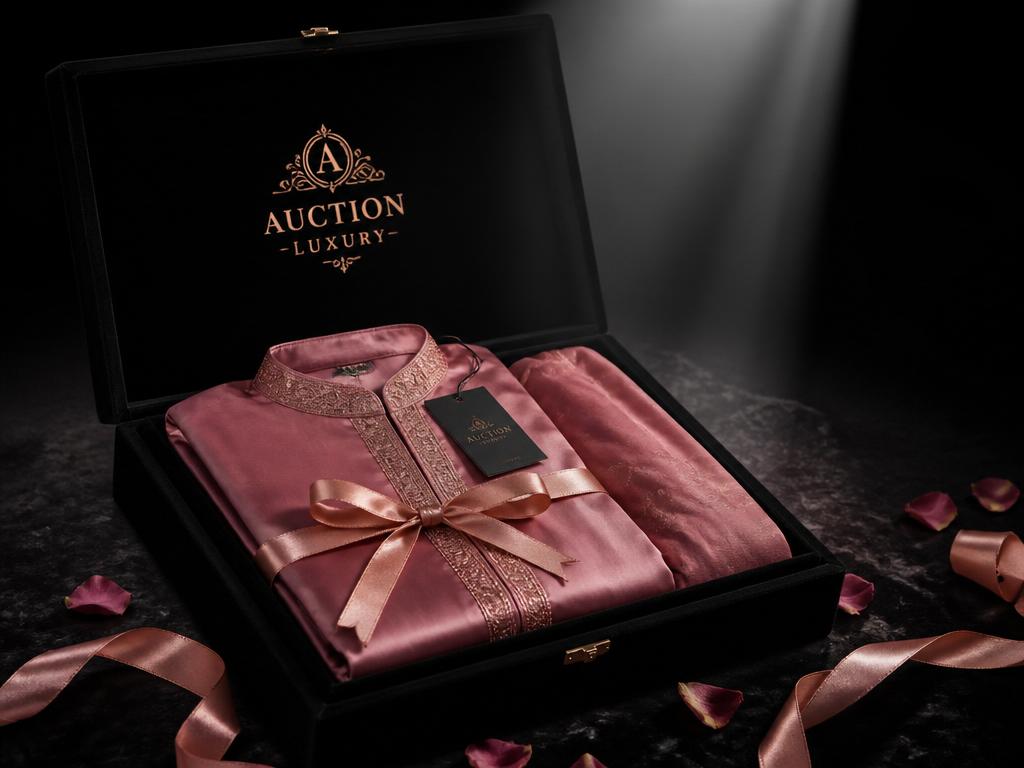Pink silk set folded in a black velvet auction box with rose gold ribbon
