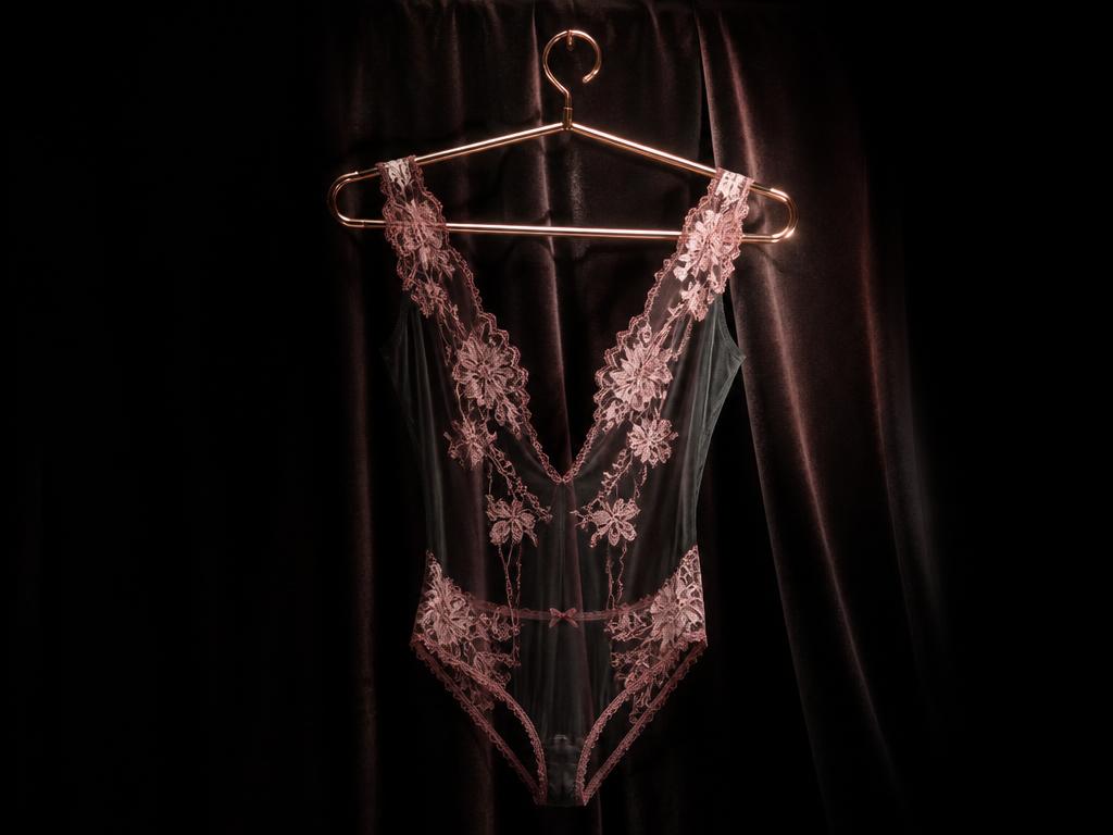 Sheer pink lace bodysuit on a rose gold hanger against dark velvet