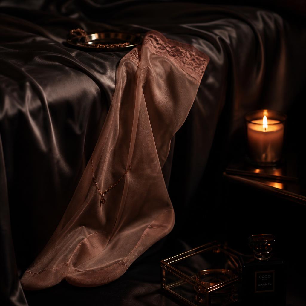 Blush pink silk garments folded in a black gift box with rose gold ribbon
