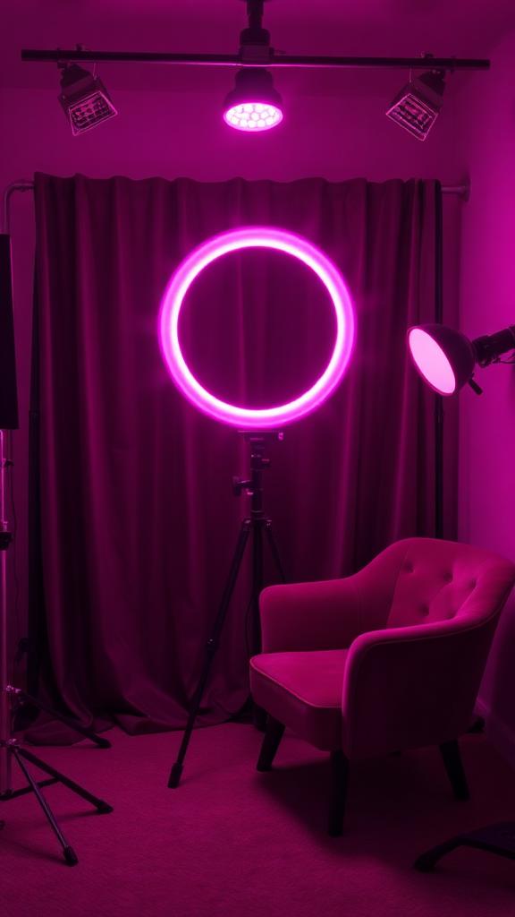 Pink neon ring light and velvet backdrop in a live streaming studio