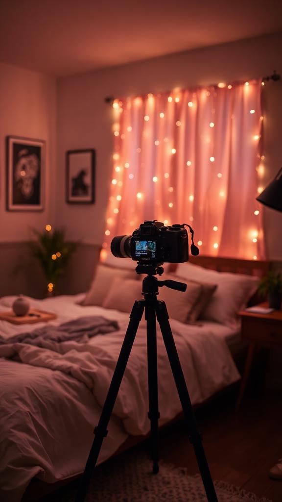 Camera on a tripod facing a bedroom lit with warm fairy lights