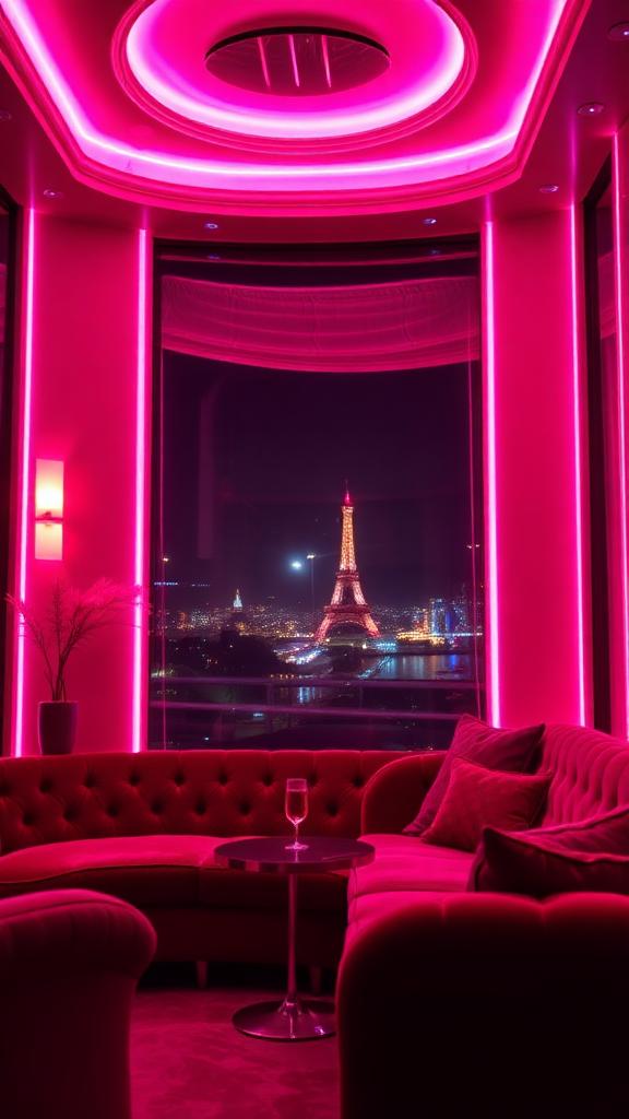 Luxury lounge interior bathed in pink neon light at night